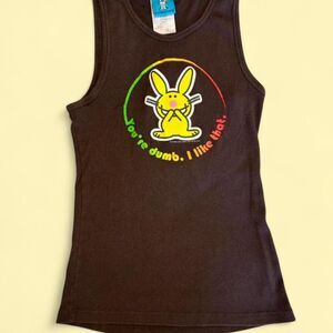 Y2K Happy Bunny Brown Ribbed Tank Top | Vintage 2000s Graphic Tee - Jim Benton